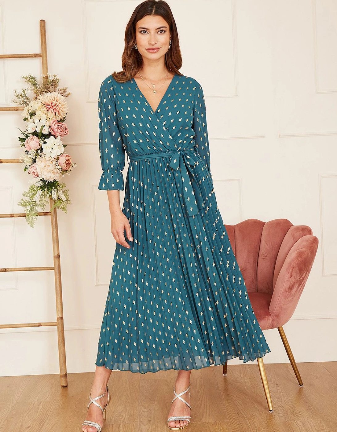 Teal Foil Printed Pleated Wrap Midi Dress, 2 of 1