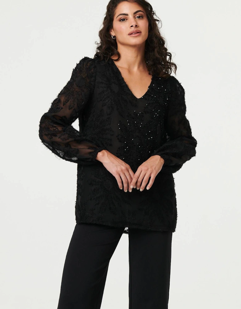 Lace Embellished V-Neck Long Sleeve Top