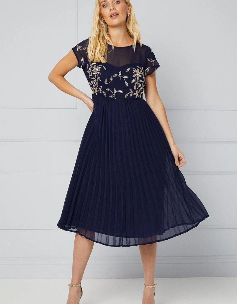 Petite Occasion Embellished Lace Pleated Midi Dress