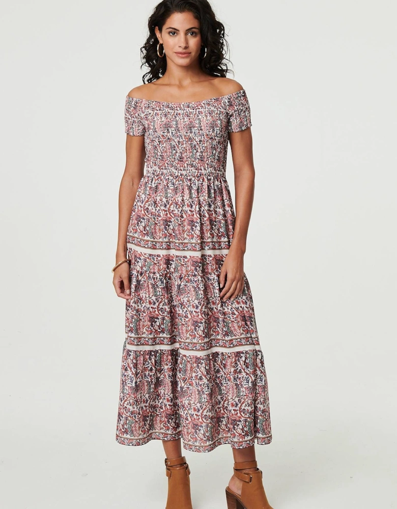 Ditsy Floral Bardot Smocked Midi Dress