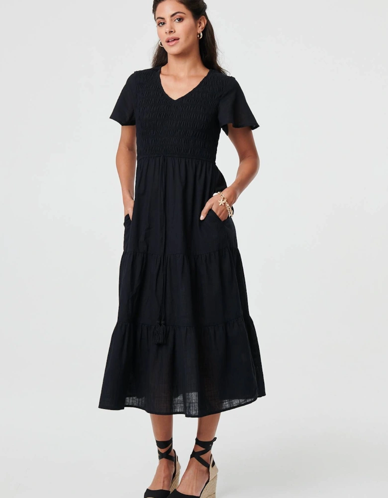 Smocked Flared Sleeve Tiered Midi Dress