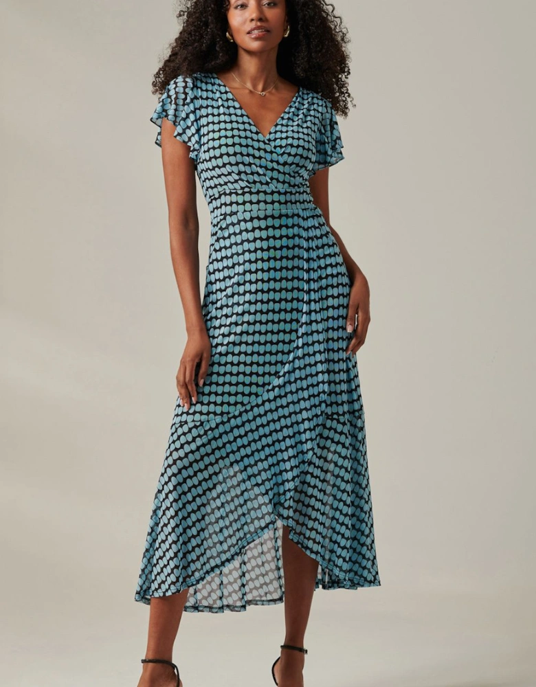 Geo Print Ruffle Hem Mesh Maxi Dress