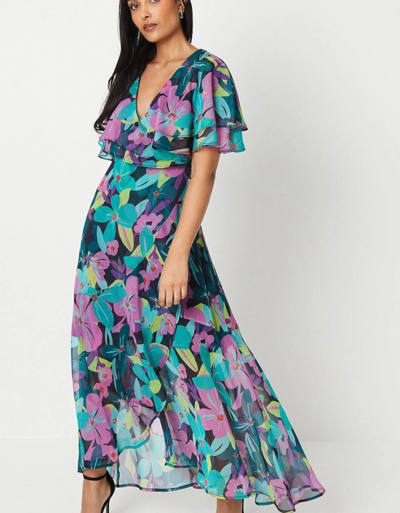 Petite Floral Print Ruffle Sleeve Wrap Maxi Dress