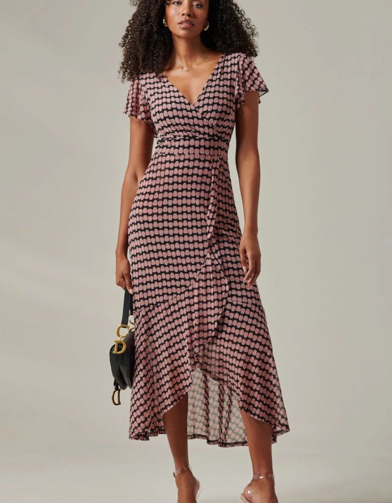 Geo Print Ruffle Hem Mesh Maxi Dress