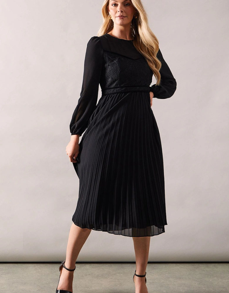 Petite Occasion Premium Lace Bodice Pleated Midi Dress