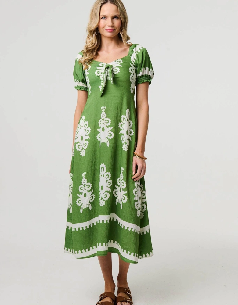 Printed Puff Sleeve Tie Front Midi Dress