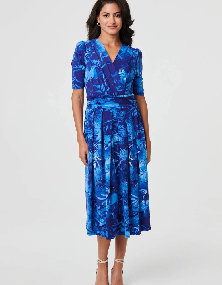 Printed 1/2 Sleeve Wrap Midi Dress