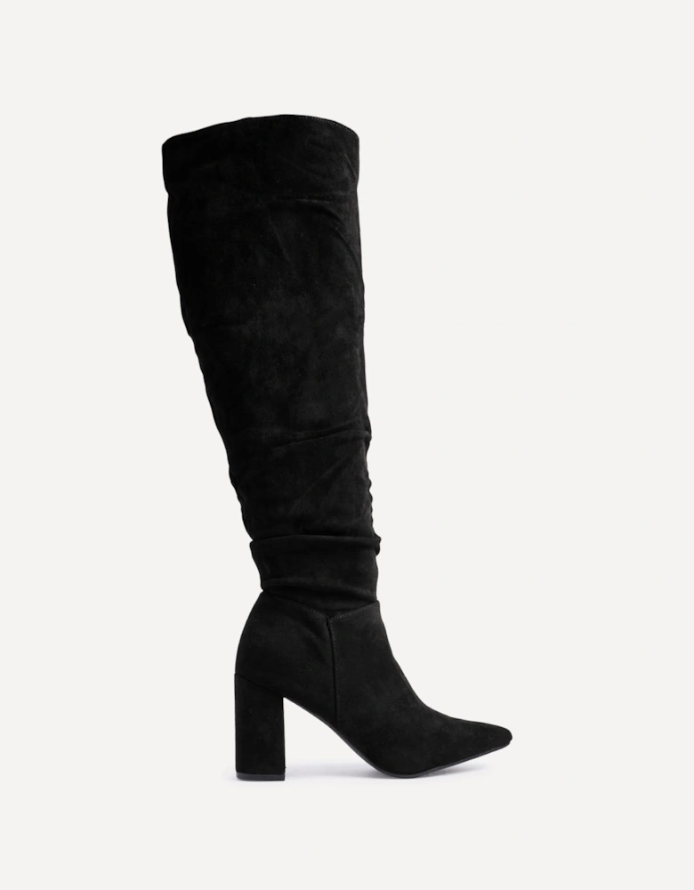 Bonnie Black Suede Block Heel Knee High Ruched Boot