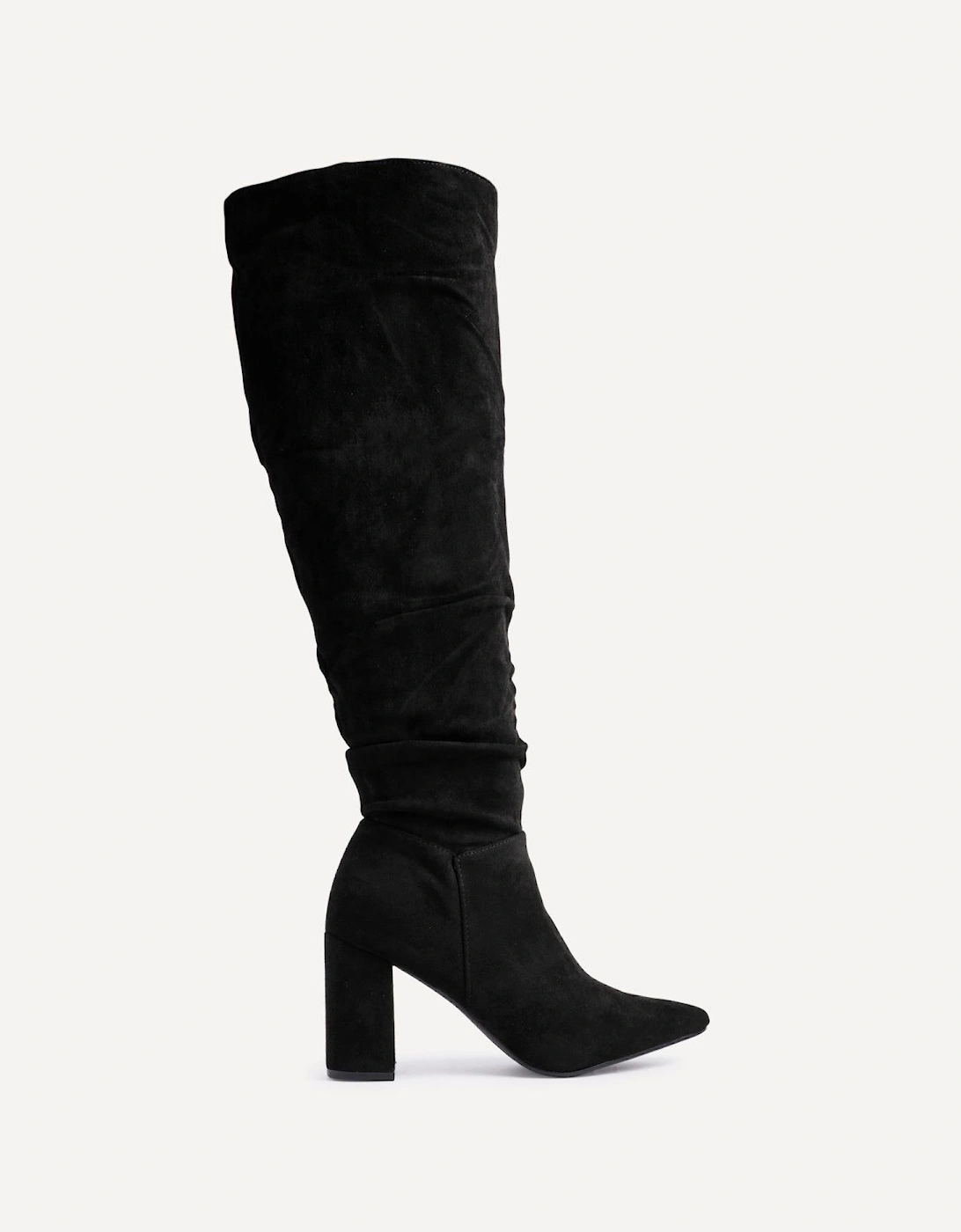 Bonnie Black Suede Block Heel Knee High Ruched Boot, 2 of 1