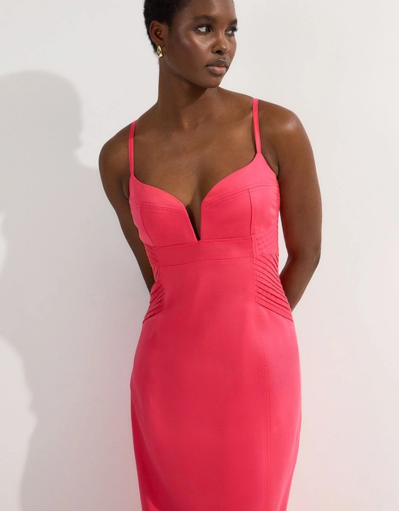 Premium Linen Pintuck Detail Pencil Tailored Midi Dress