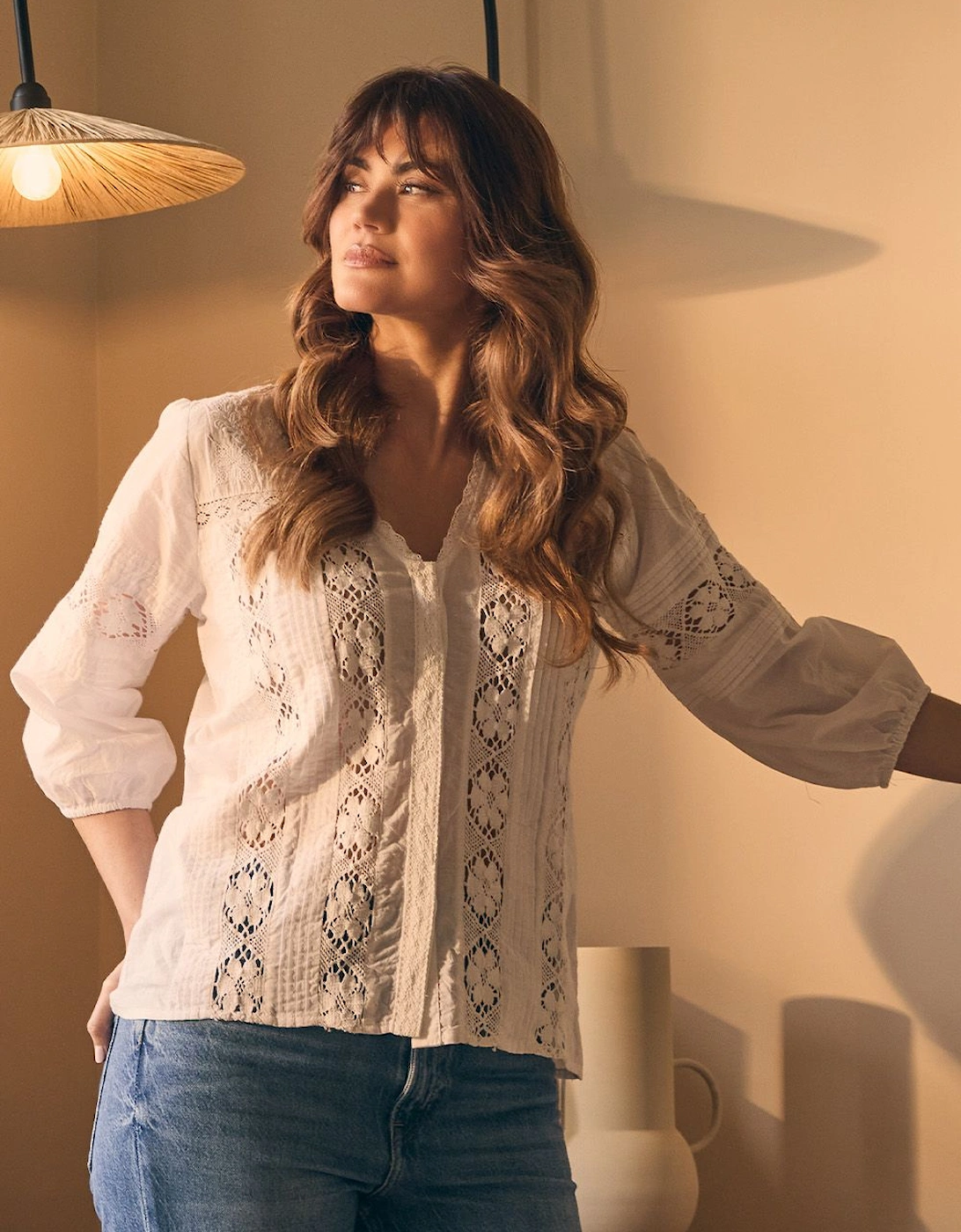 Lace Trim 3/4 Sleeve V-Neck Blouse, 2 of 1