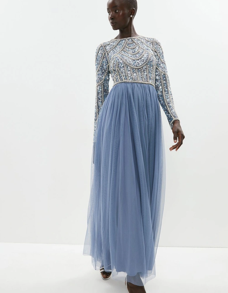 Honoured Long Sleeve Sequin Bodice Tulle Skirt Maxi Bridesmaid Dress