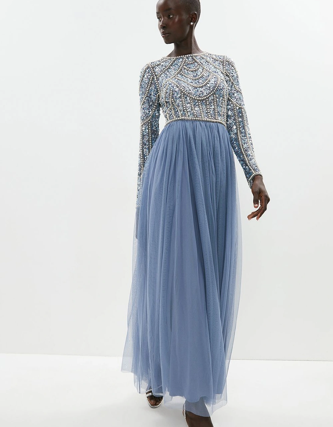 Honoured Long Sleeve Sequin Bodice Tulle Skirt Maxi Bridesmaid Dress, 2 of 1