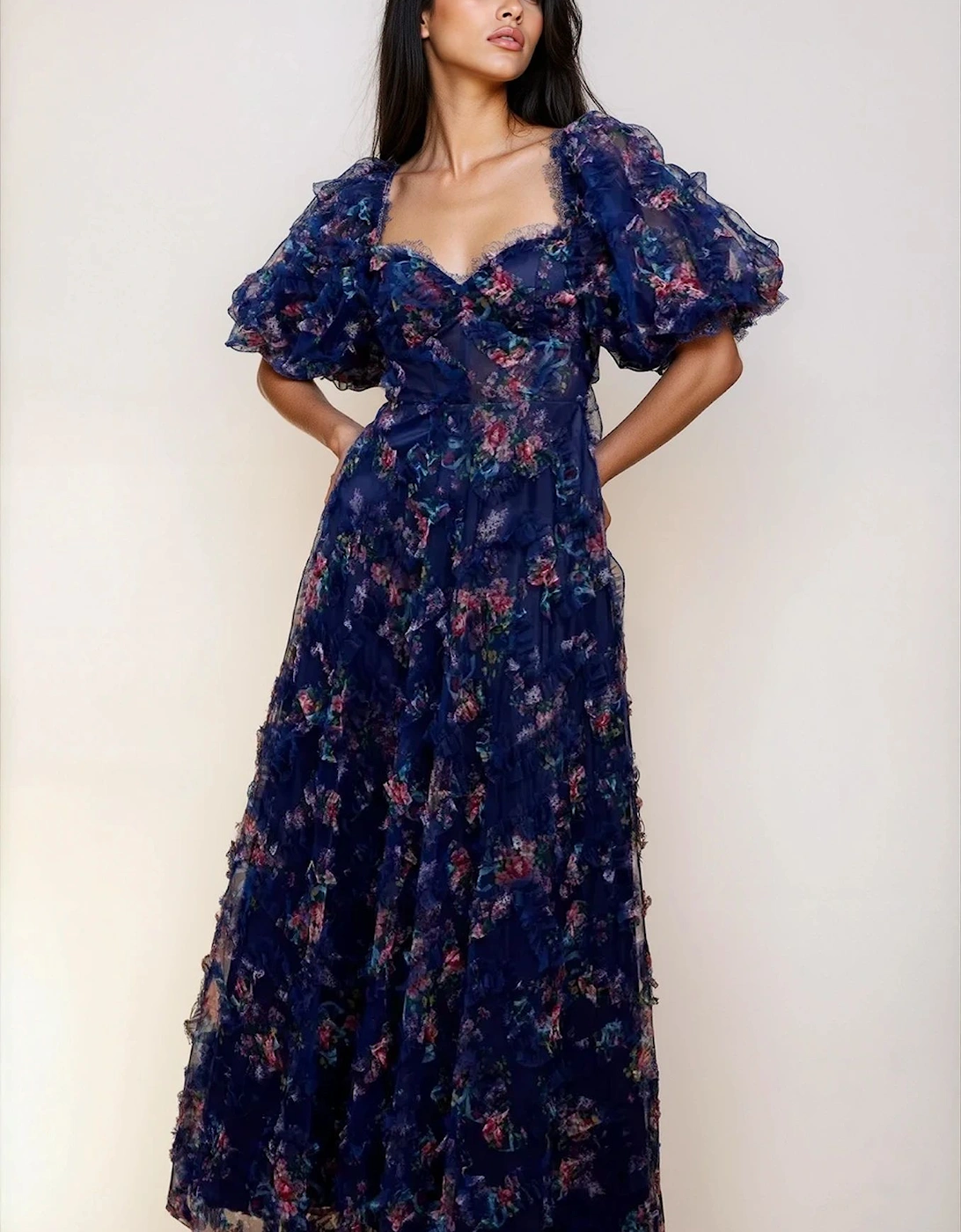Navy Floral Print Ruffle Maxi Dress, 2 of 1