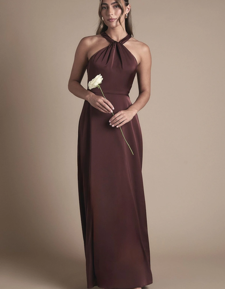 Honoured Twist Halterneck Satin Maxi Bridesmaid Dress
