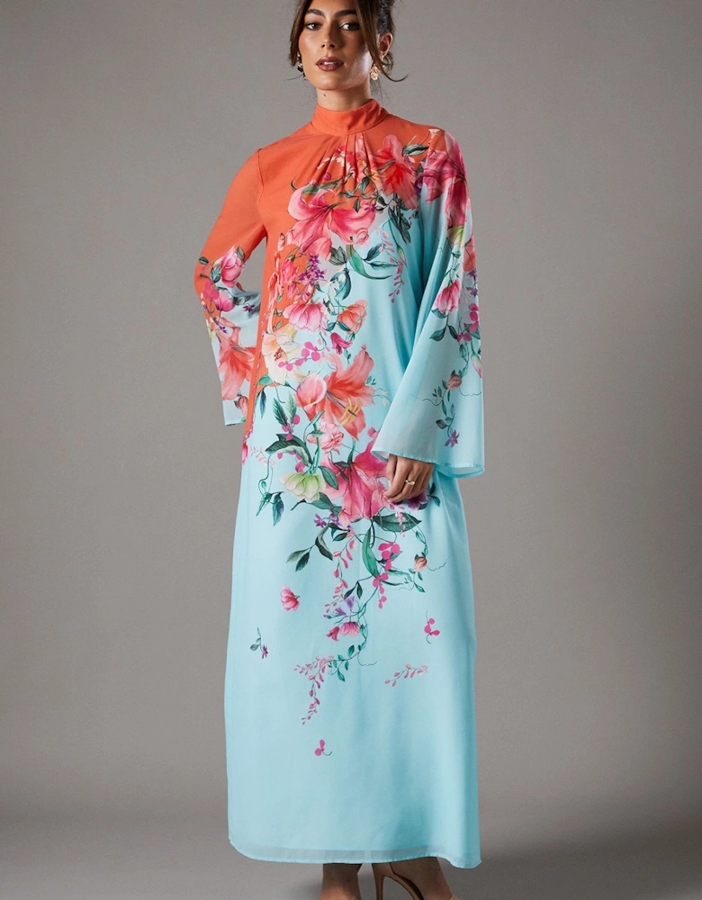 Placement Printed Tie Back Column Maxi Dress