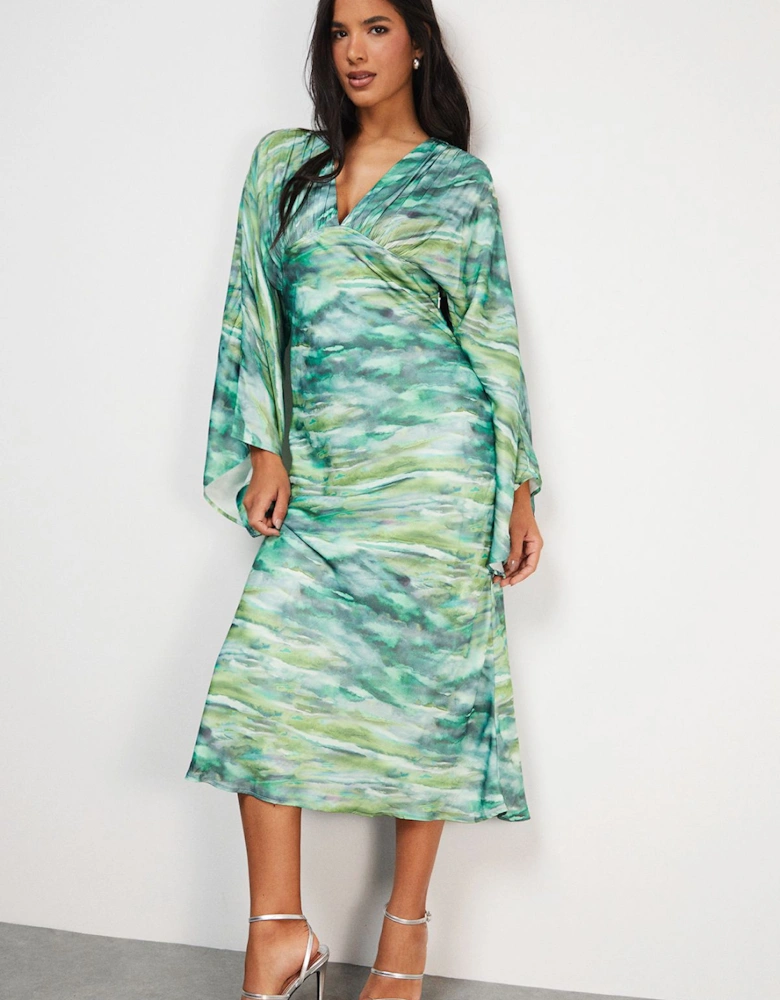 Flare Sleeve Plunge Satin Midi Dress