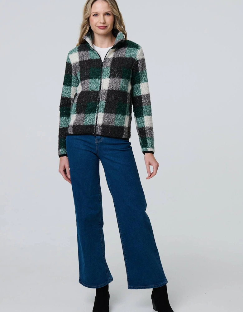 Checked Zip Front Boxy Teddy Jacket