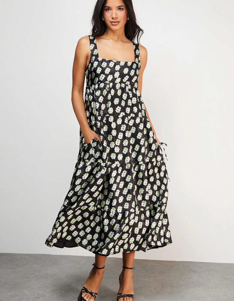 Square Neck Smock Midi Dress With Below Pocket