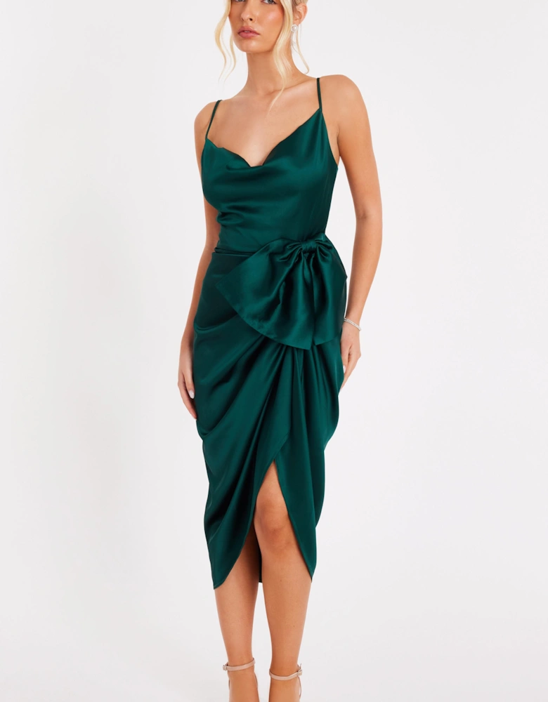 Green Satin Bow Front Midi Dress