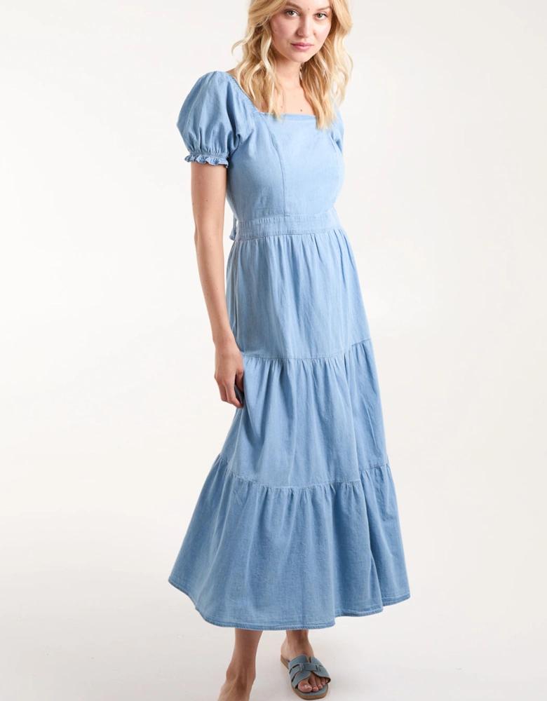 Blue Denim Square Neck Tiered Maxi Dress