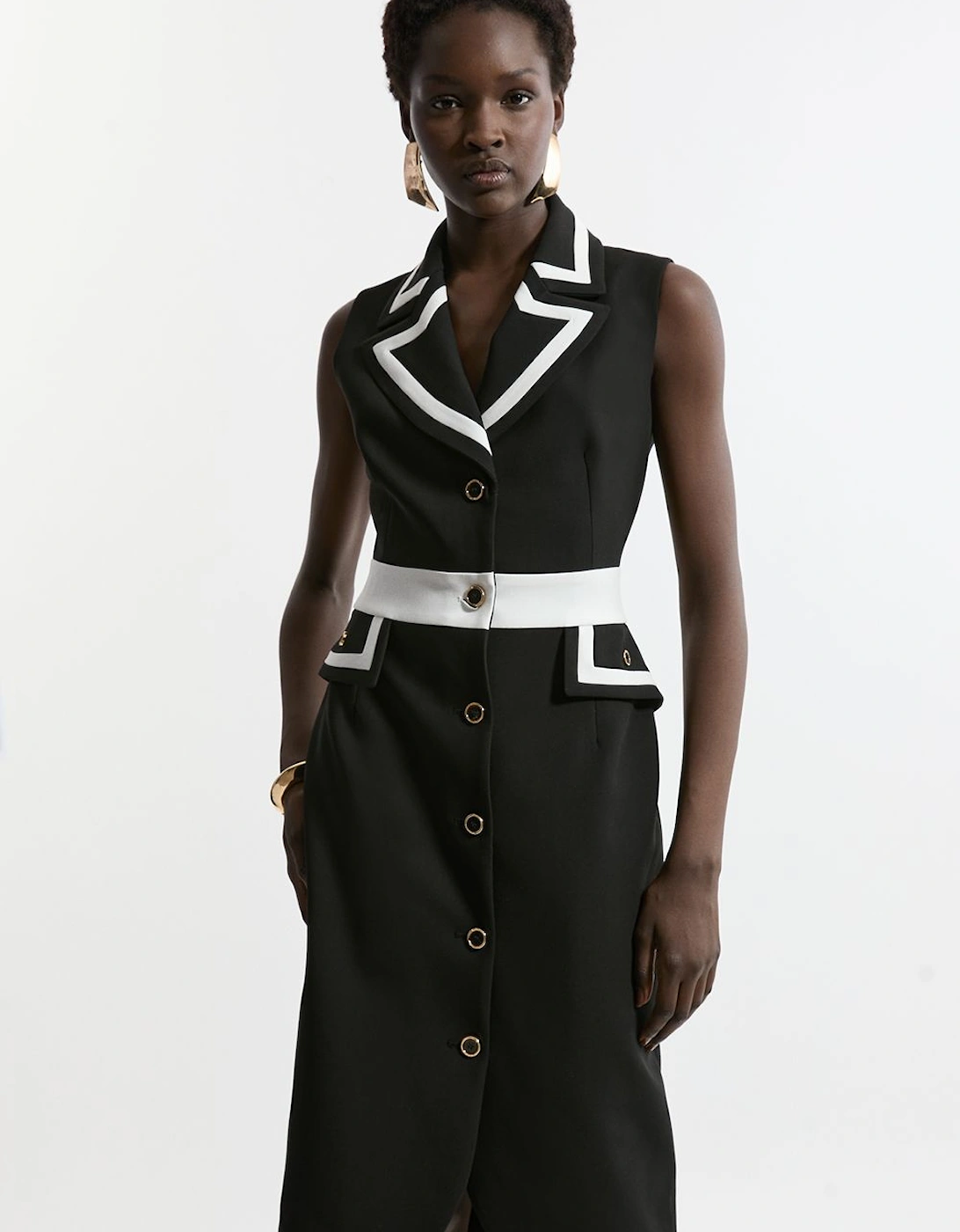 Compact Stretch Contrast Tipped Belted Tailored Midi Dress, 2 of 1