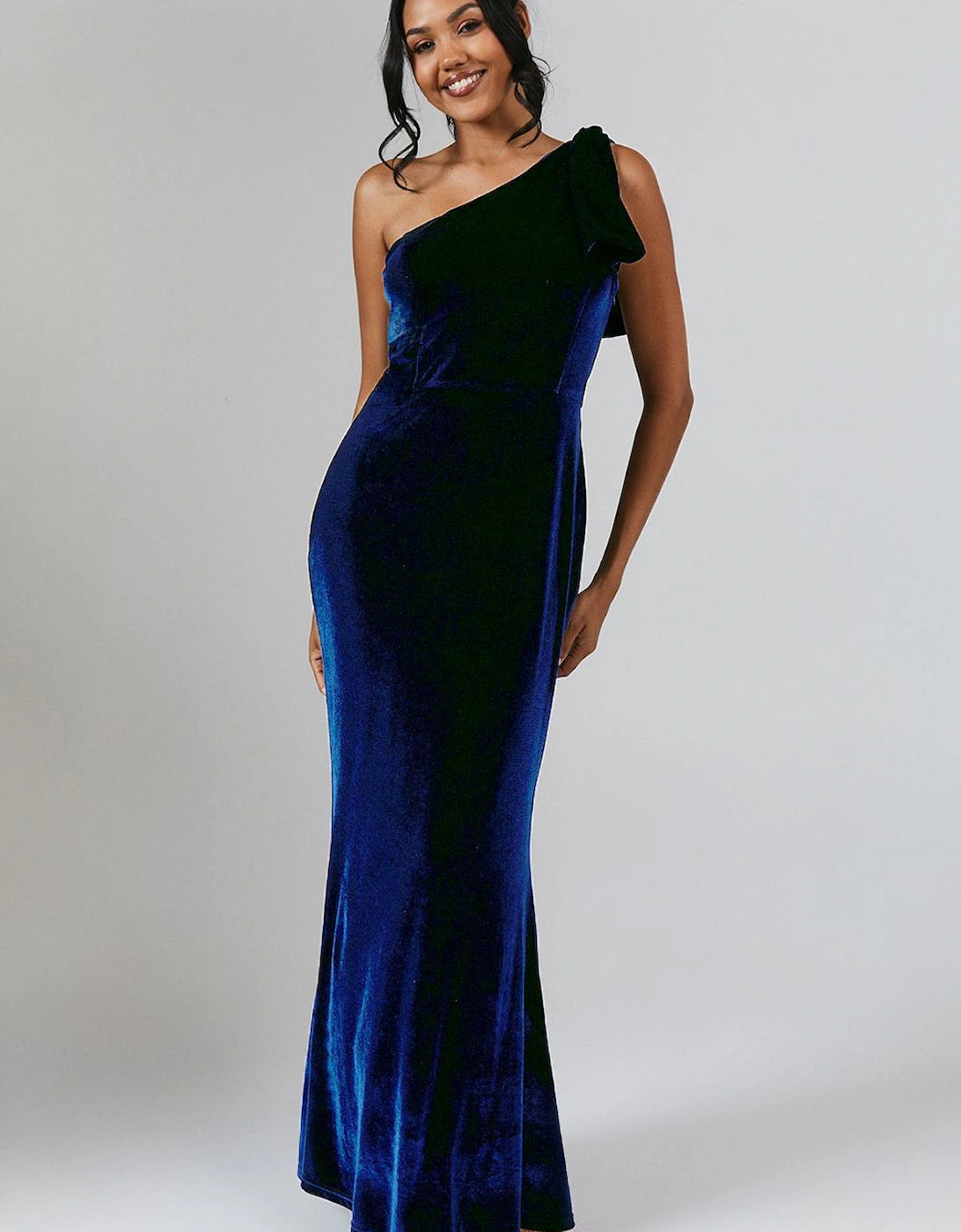 Bow One Shoulder Velvet Bridesmaid Maxi Dress, 2 of 1