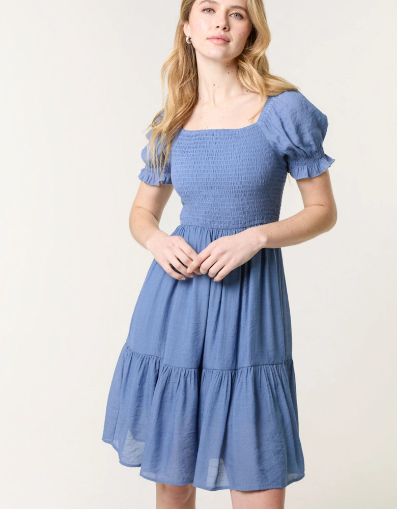 Blue Shirred Puff Sleeve Mini Dress
