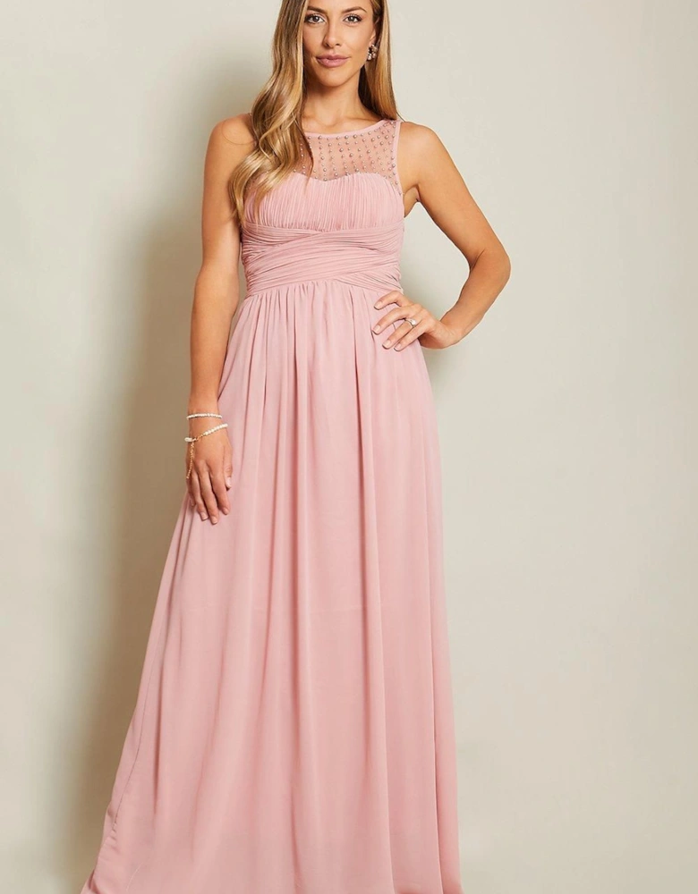 Gem & Mesh Front Chiffon Maxi Dress