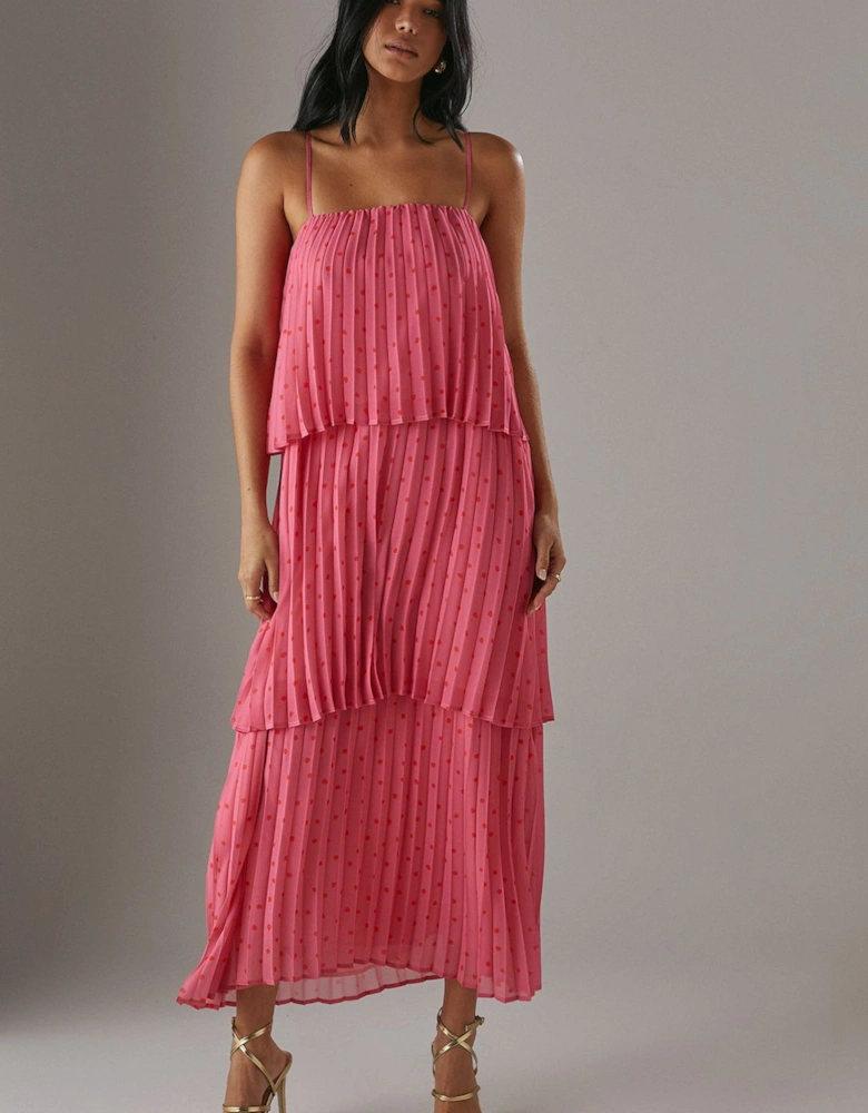 Chiffon Pleated Tier Strappy Midi Dress