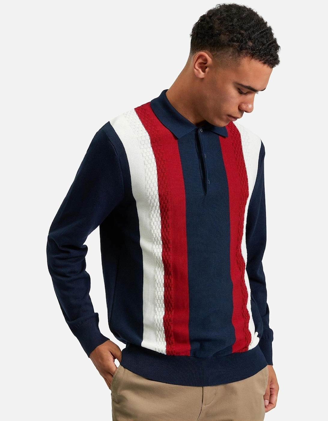Mens Vertical Stripe Long Sleeve Polo Shirt, 2 of 1