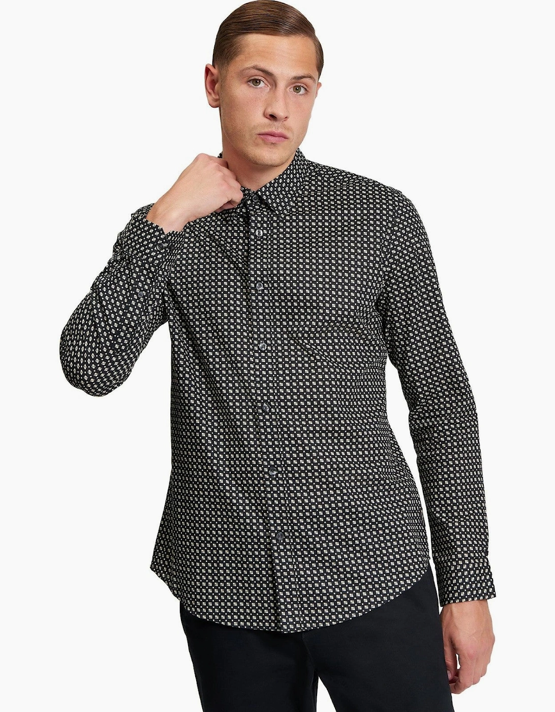 Men's Ben Sherman Mens Mono Block Print Long Sleeve Shirt - Black - Size: 38/Regular