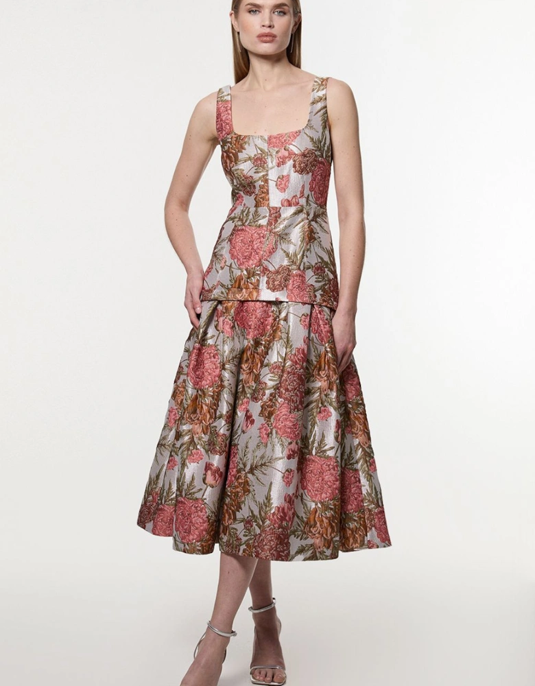 Floral Jacquard Strappy Full Skirted Tailored Maxi Dress