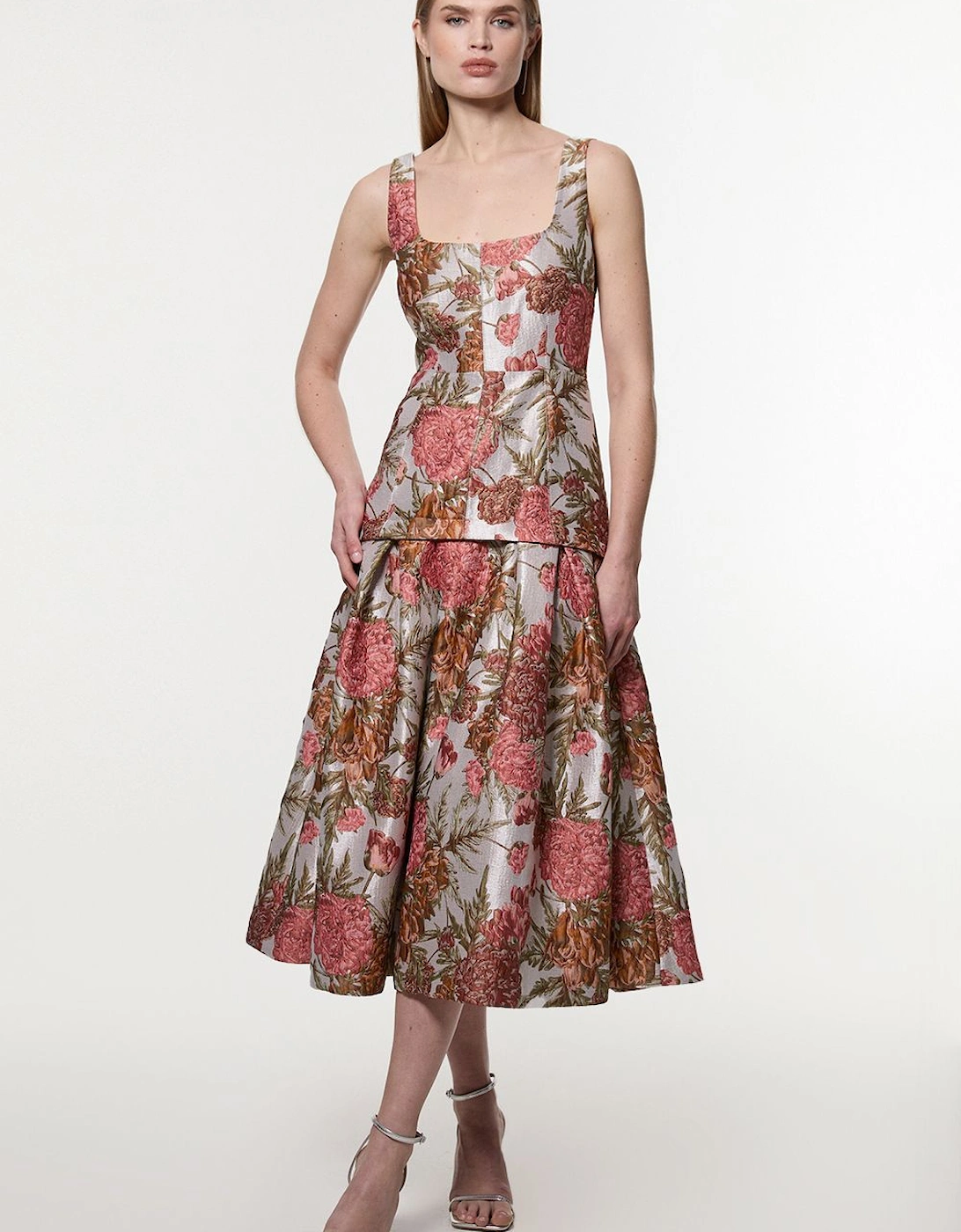 Petite Floral Jacquard Strappy Full Skirted Tailored Maxi Dress, 2 of 1