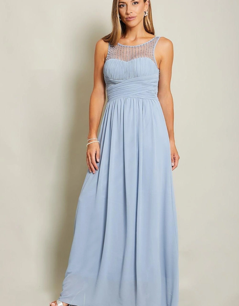 Gem & Mesh Front Chiffon Maxi Dress