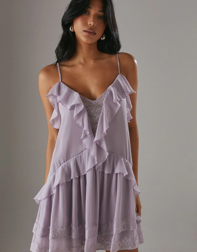 Chiffon Strappy Lace Insert Smock Mini Dress