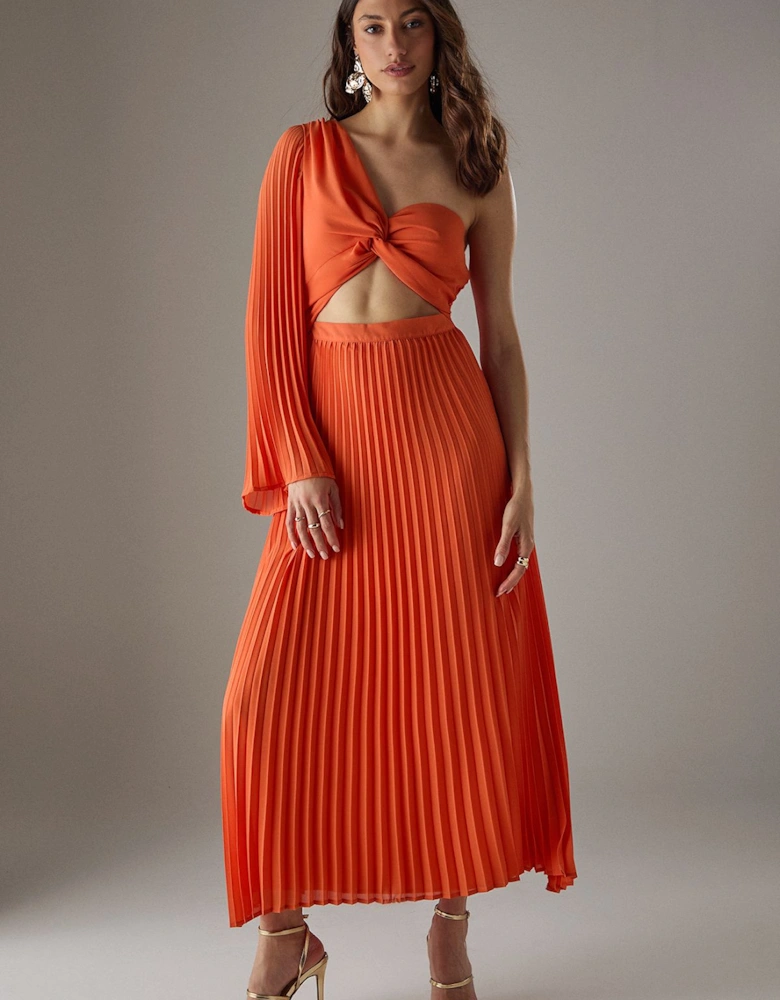 Chiffon Pleated One Shoulder Cut Out Midi Dress