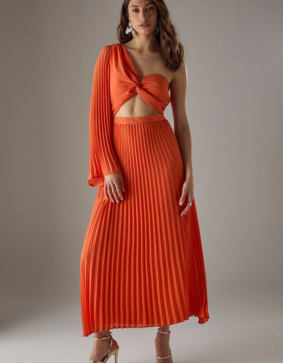 Chiffon Pleated One Shoulder Cut Out Midi Dress, 2 of 1