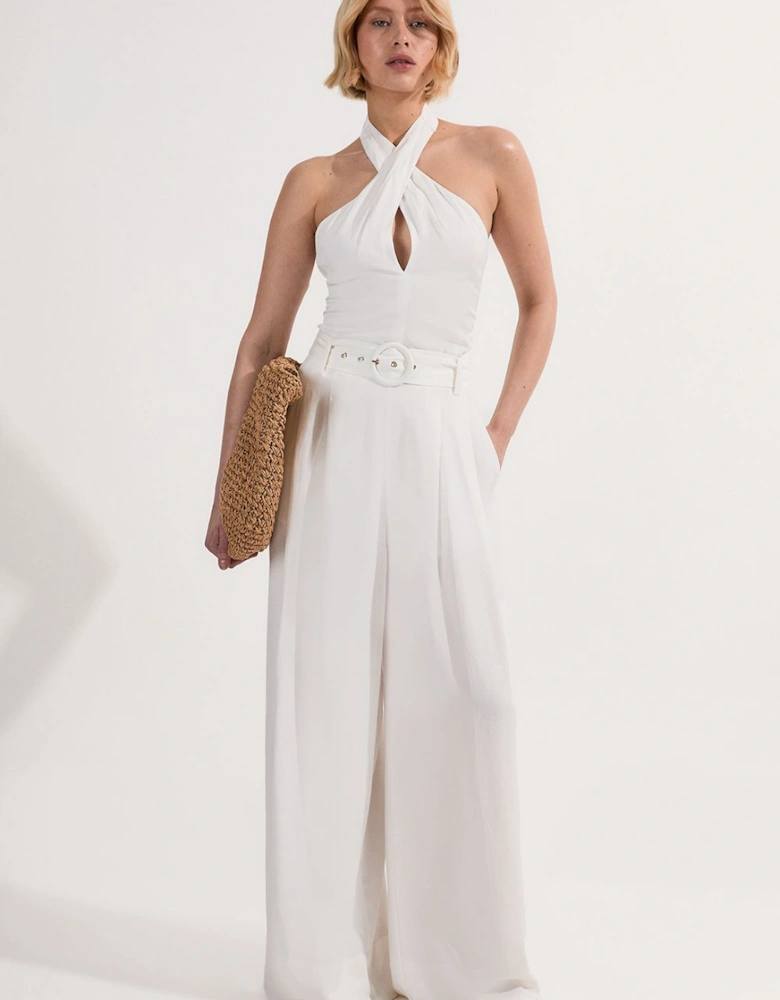 Premium Viscose Linen Cross Front Halter Belted Woven Wide Leg Jumpsuit