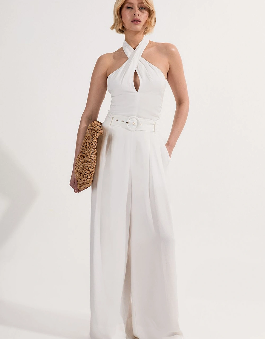 Premium Viscose Linen Cross Front Halter Belted Woven Wide Leg Jumpsuit, 2 of 1