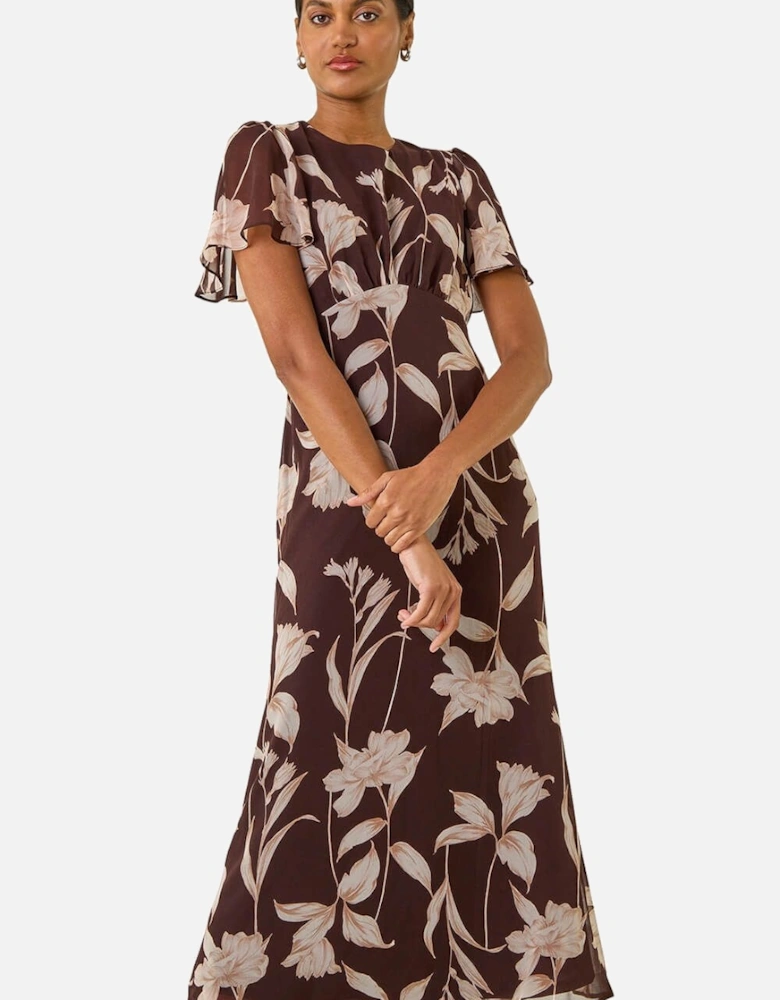Floral Print Flutter Sleeve Midi Dress