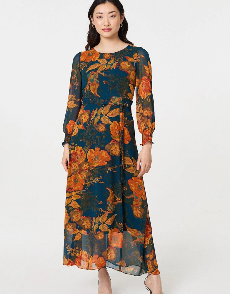 Floral Semi Sheer Tie Waist Maxi Dress