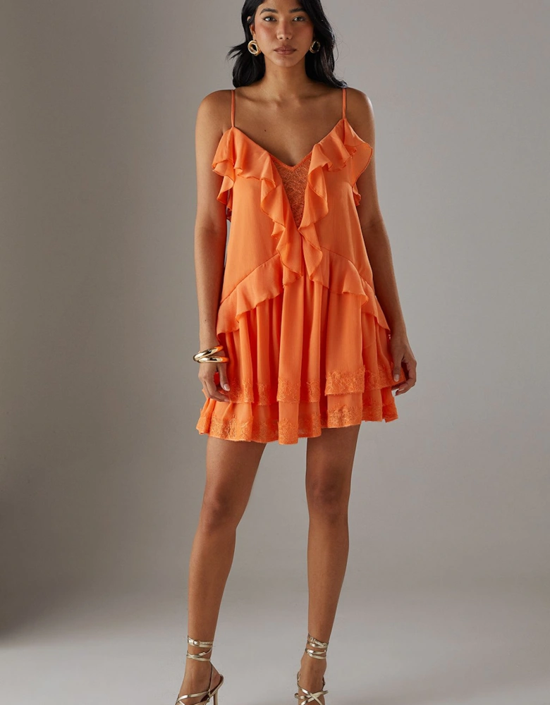 Chiffon Strappy Lace Insert Smock Mini Dress