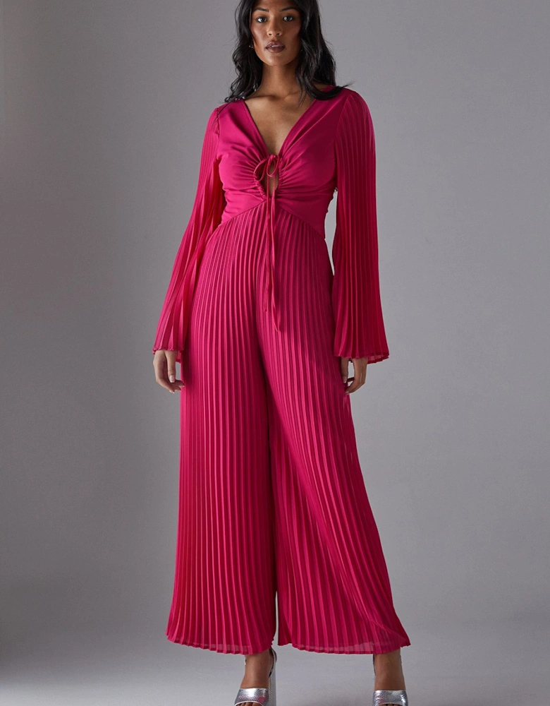 Chiffon Pleated Keyhole Flared Sleeve Jumpsuit