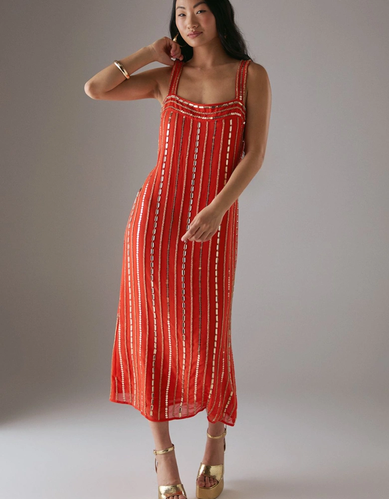 Petite Hand Embellished Square Neck Strappy Midi Dress