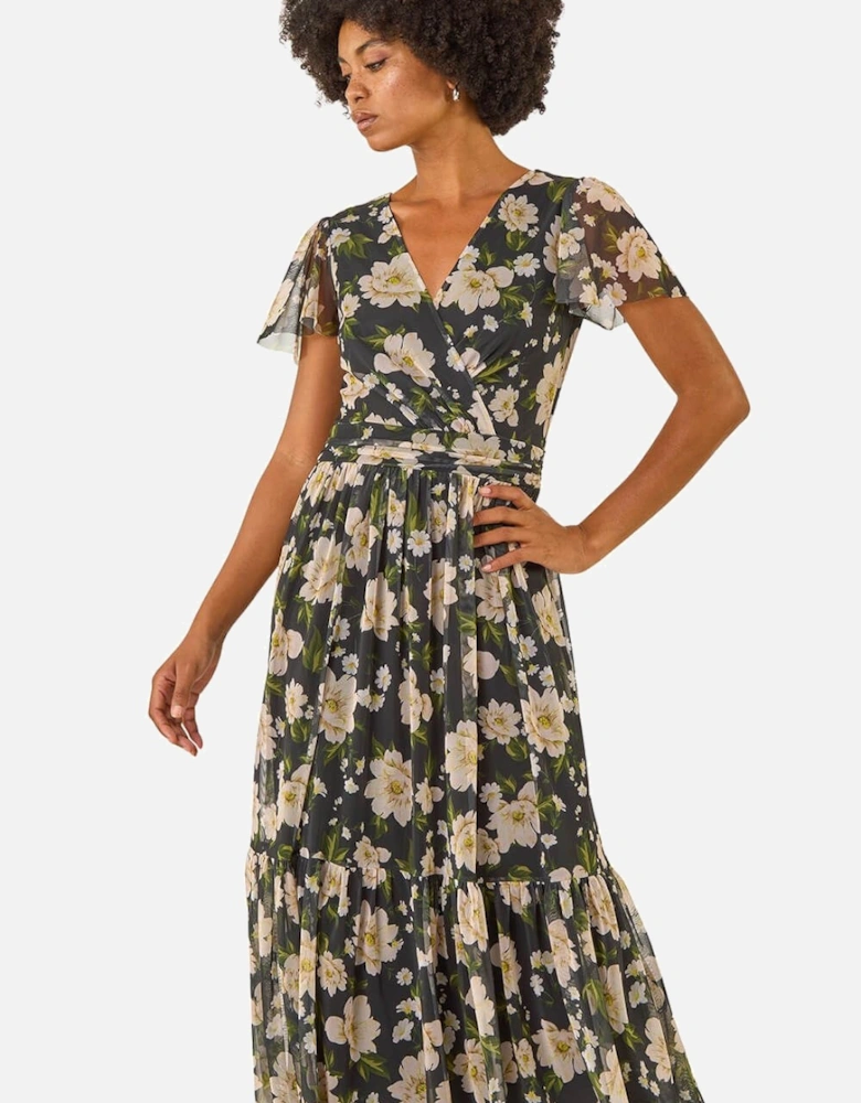 Floral Print Mesh Midi Dress