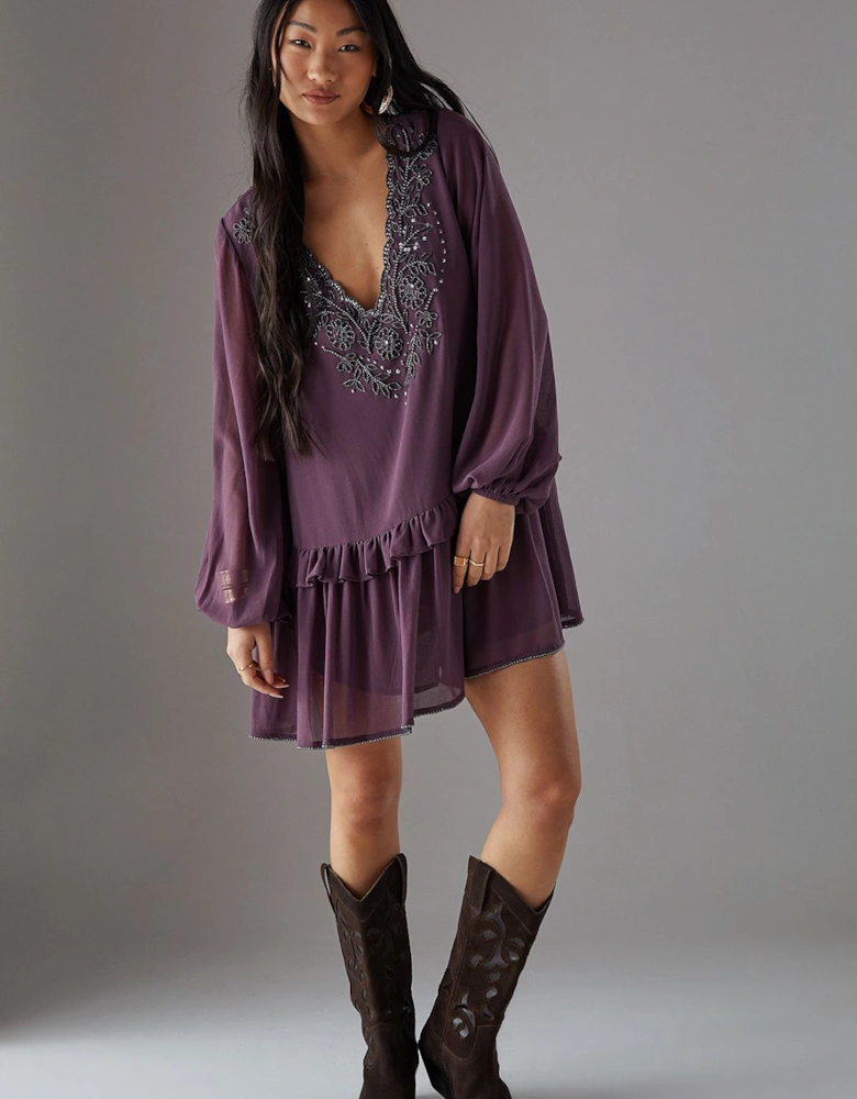 Petite Hand Embellished Chiffon Mini Smock Dress