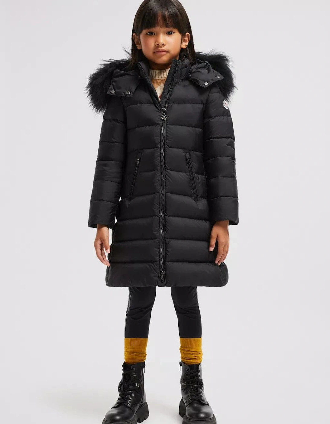 Enfant Girls Abelle Hooded Shearling Down Coat in Black, 6 of 5