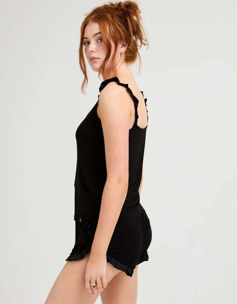 Bamboo Frill Cami Short Pyjama Set in Black
