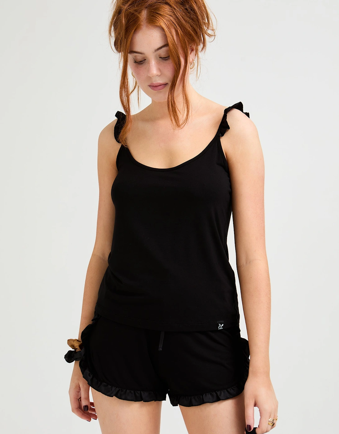 Bamboo Frill Cami Short Pyjama Set in Black, 5 of 4